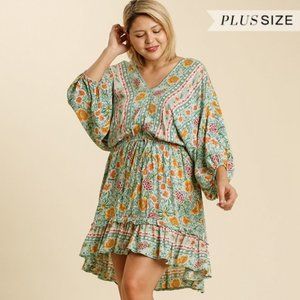 Umgee Plus Size Mint Floral Balloon Sleeve Dress